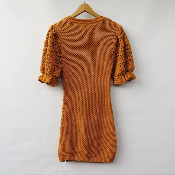 Bennettex Womens Small Boho Crochet Knit Puff Sleeve Cottagecore Farmhouse Dress - Picture 10 of 11